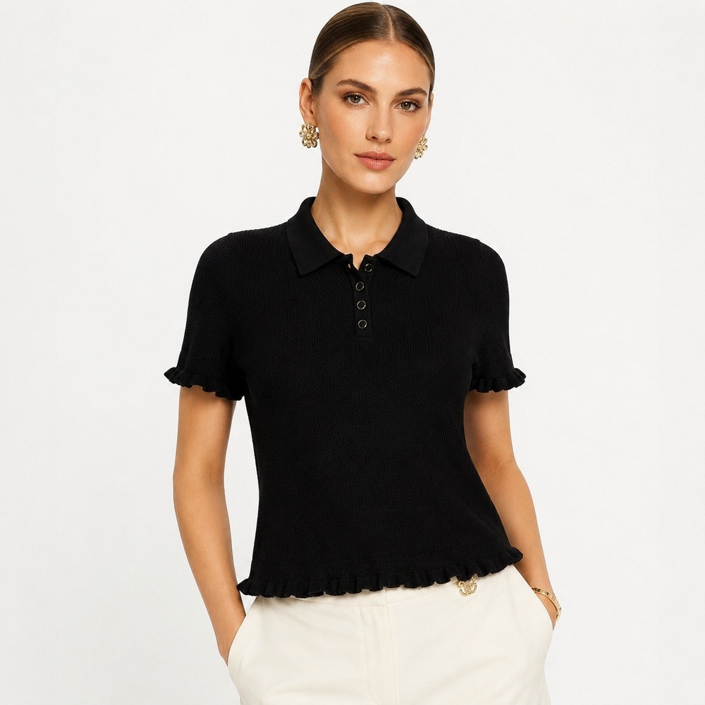 Montgomery Post Womens Black Ribbed Knit Ruffle Hem Polo Top Large NWT